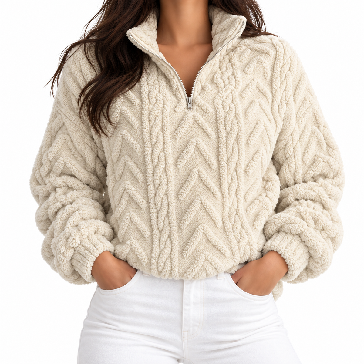 Millie Reed Women's Textured Quarter-Zip Knitted Jumper with High Collar, view 3