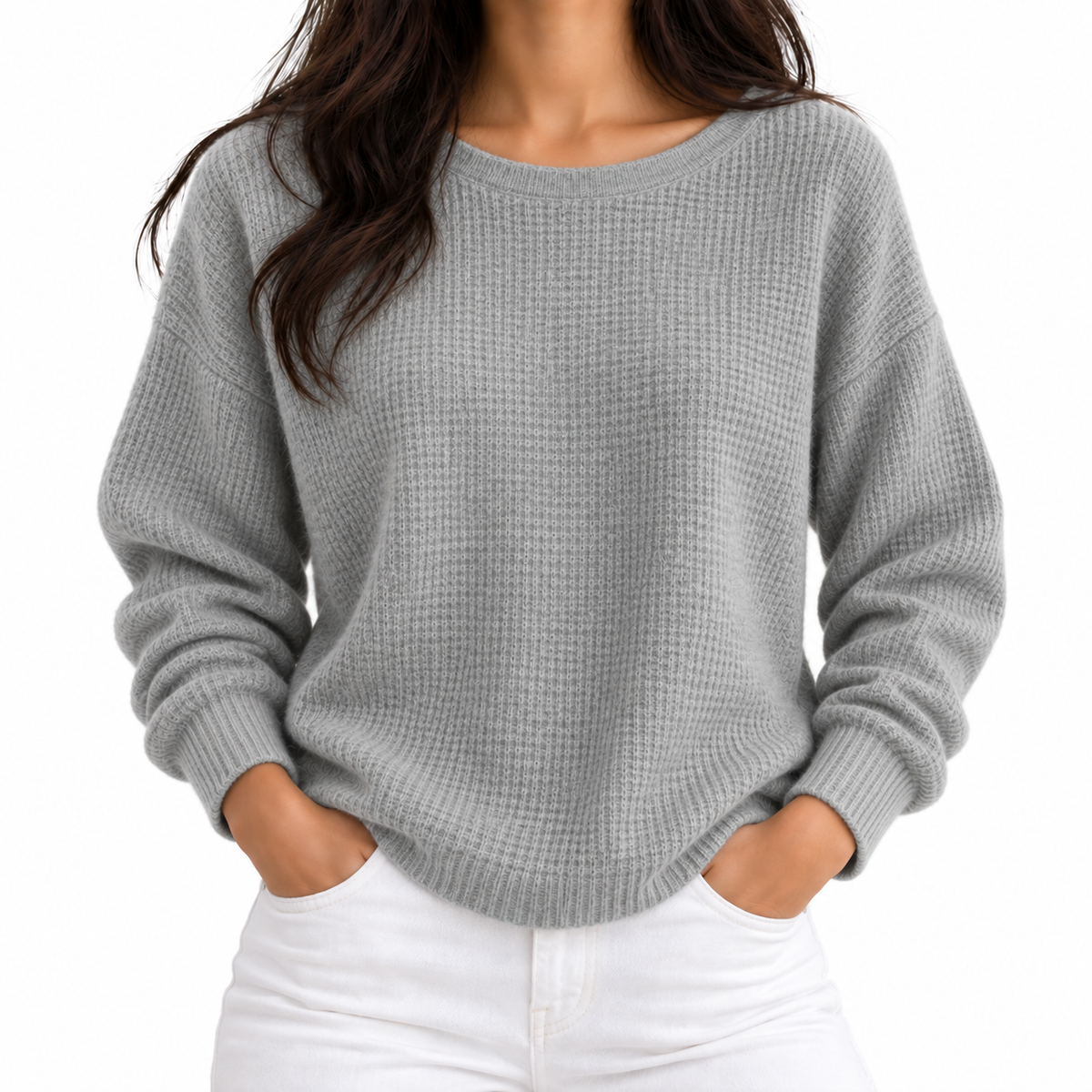 Millie Reed Women's Textured Knit Crew Neck Jumper with Ribbed Cuffs and Hem, view 3