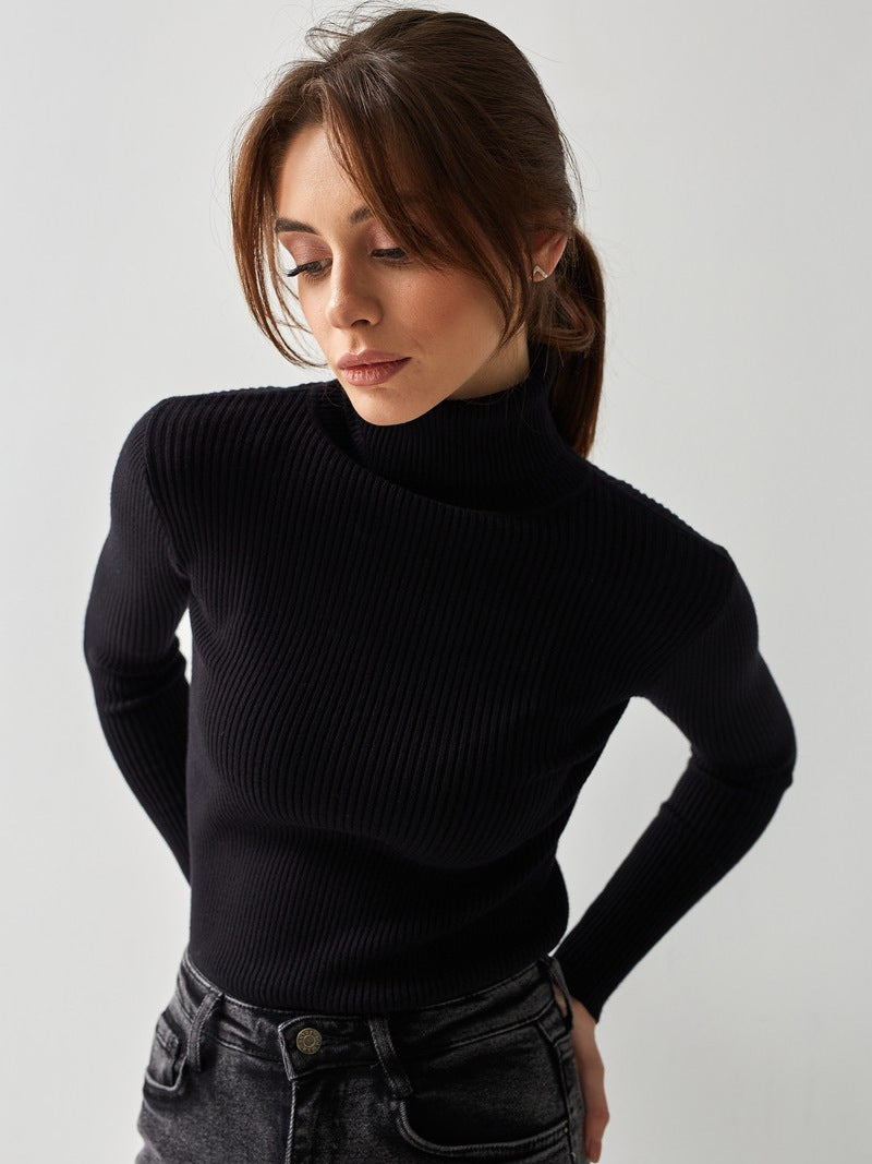 Women's Ribbed Knit Sweater with Turtleneck and Thumbhole Cuffs