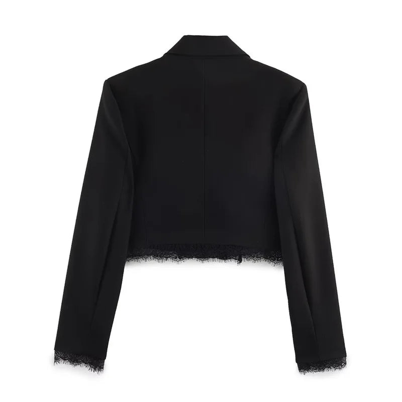 Women's Black Cropped Blazer Lace Trim Long Sleeve One Button Casual Office Blazer Streetwear Outerwear