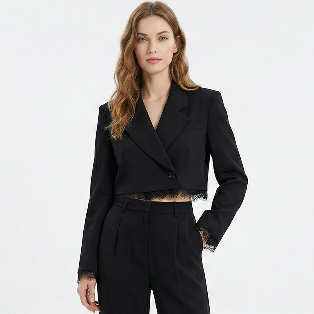 Women's Black Cropped Blazer Lace Trim Long Sleeve One Button Casual Office Blazer Streetwear Outerwear