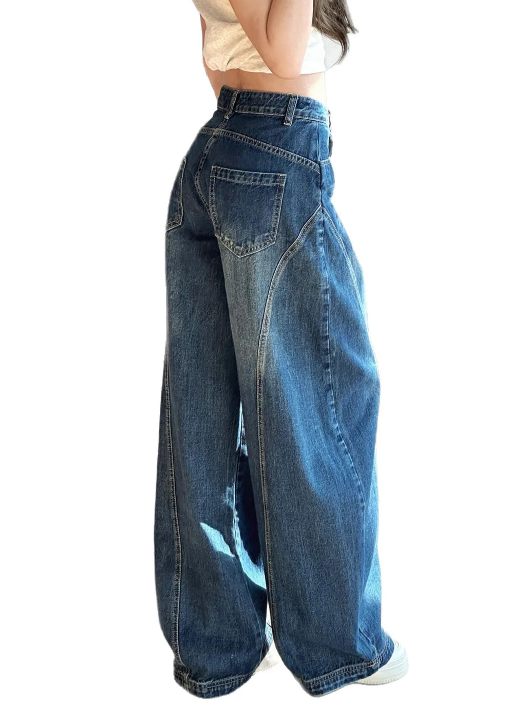 Women's High-Waisted Barrel Jeans Curved Leg Denim Contrast Stitching Vintage Wash Horseshoe Pants