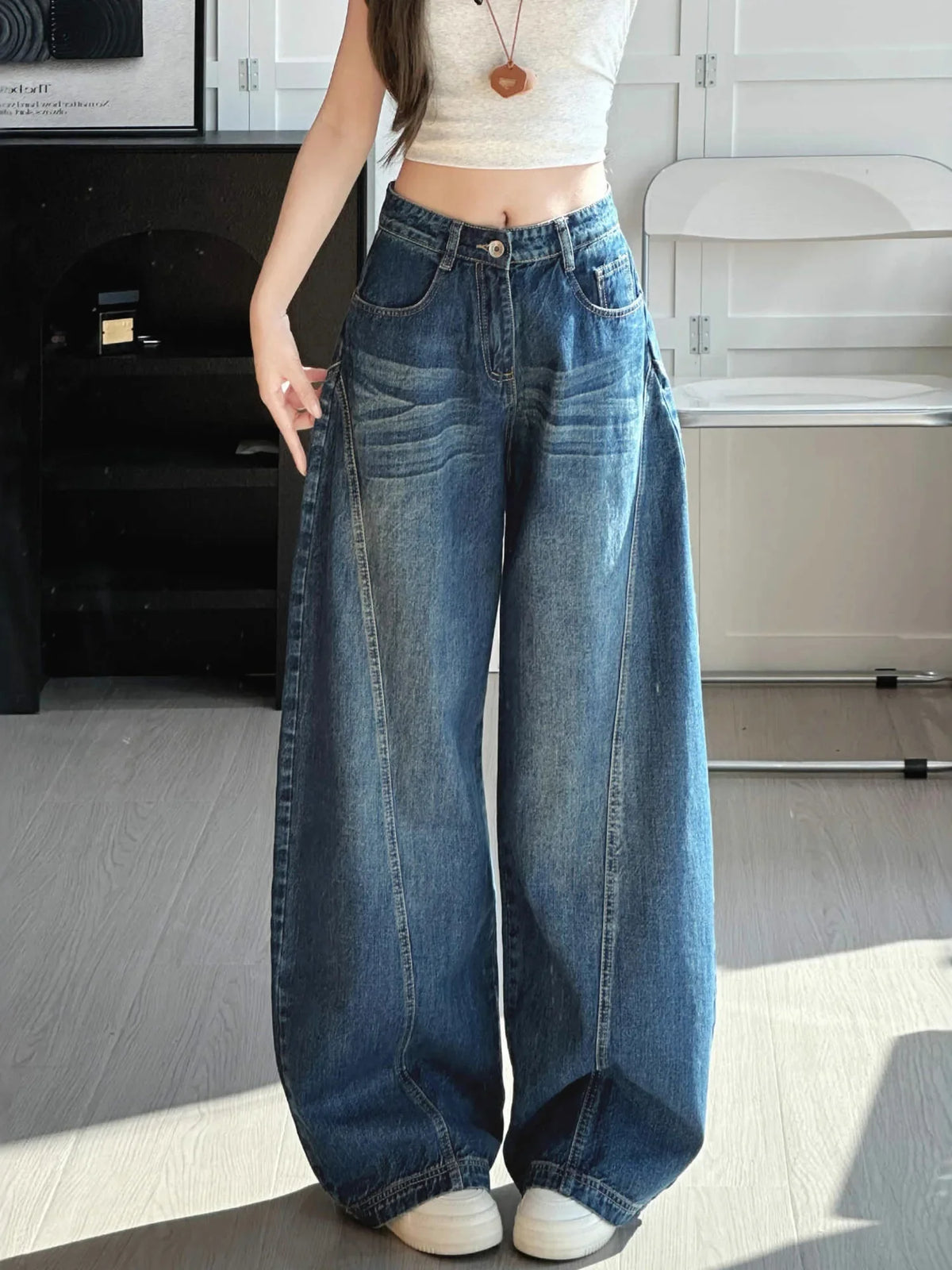 Women's High-Waisted Barrel Jeans Curved Leg Denim Contrast Stitching Vintage Wash Horseshoe Pants
