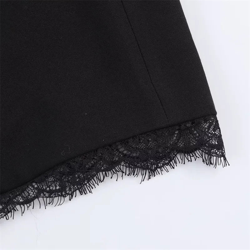 Women's Black Cropped Blazer Lace Trim Long Sleeve One Button Casual Office Blazer Streetwear Outerwear