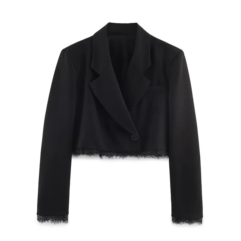 Women's Black Cropped Blazer Lace Trim Long Sleeve One Button Casual Office Blazer Streetwear Outerwear