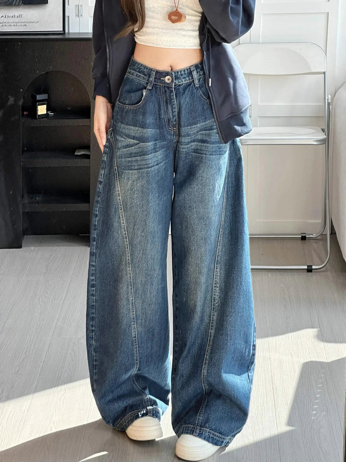 Women's High-Waisted Barrel Jeans Curved Leg Denim Contrast Stitching Vintage Wash Horseshoe Pants