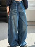 Women's High-Waisted Barrel Jeans Curved Leg Denim Contrast Stitching Vintage Wash Horseshoe Pants
