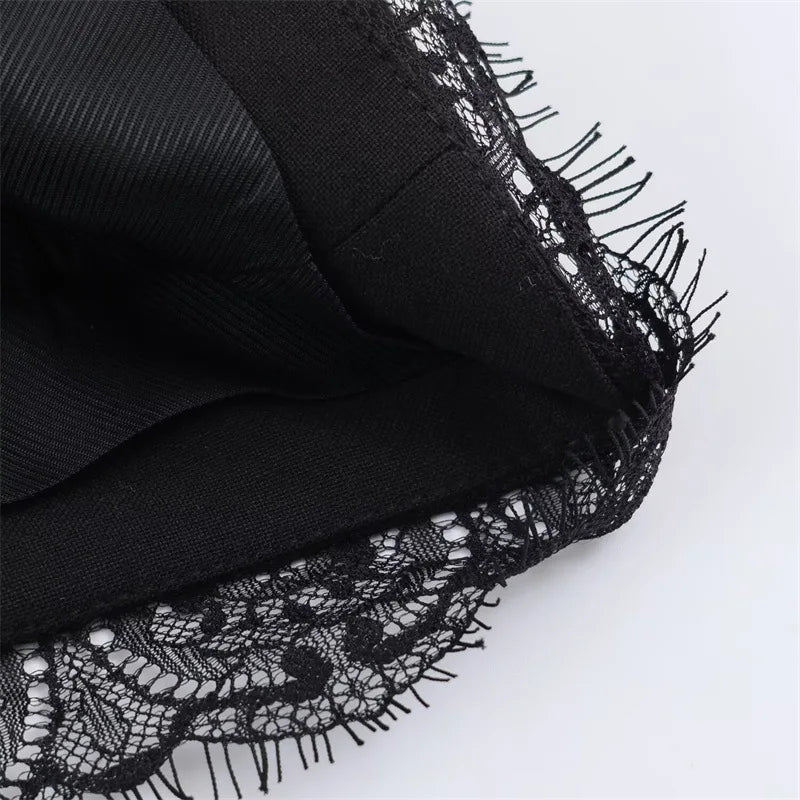 Women's Black Cropped Blazer Lace Trim Long Sleeve One Button Casual Office Blazer Streetwear Outerwear