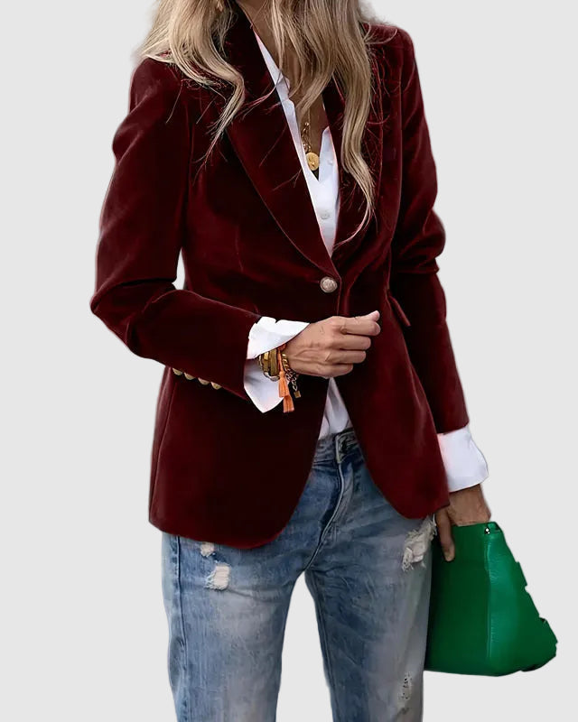 Women's Velvet Blazer with Notched Lapel and Front Button