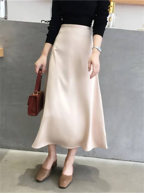 A-Line Satin Midi Skirt with Side Zipper and Mid-Calf Hem