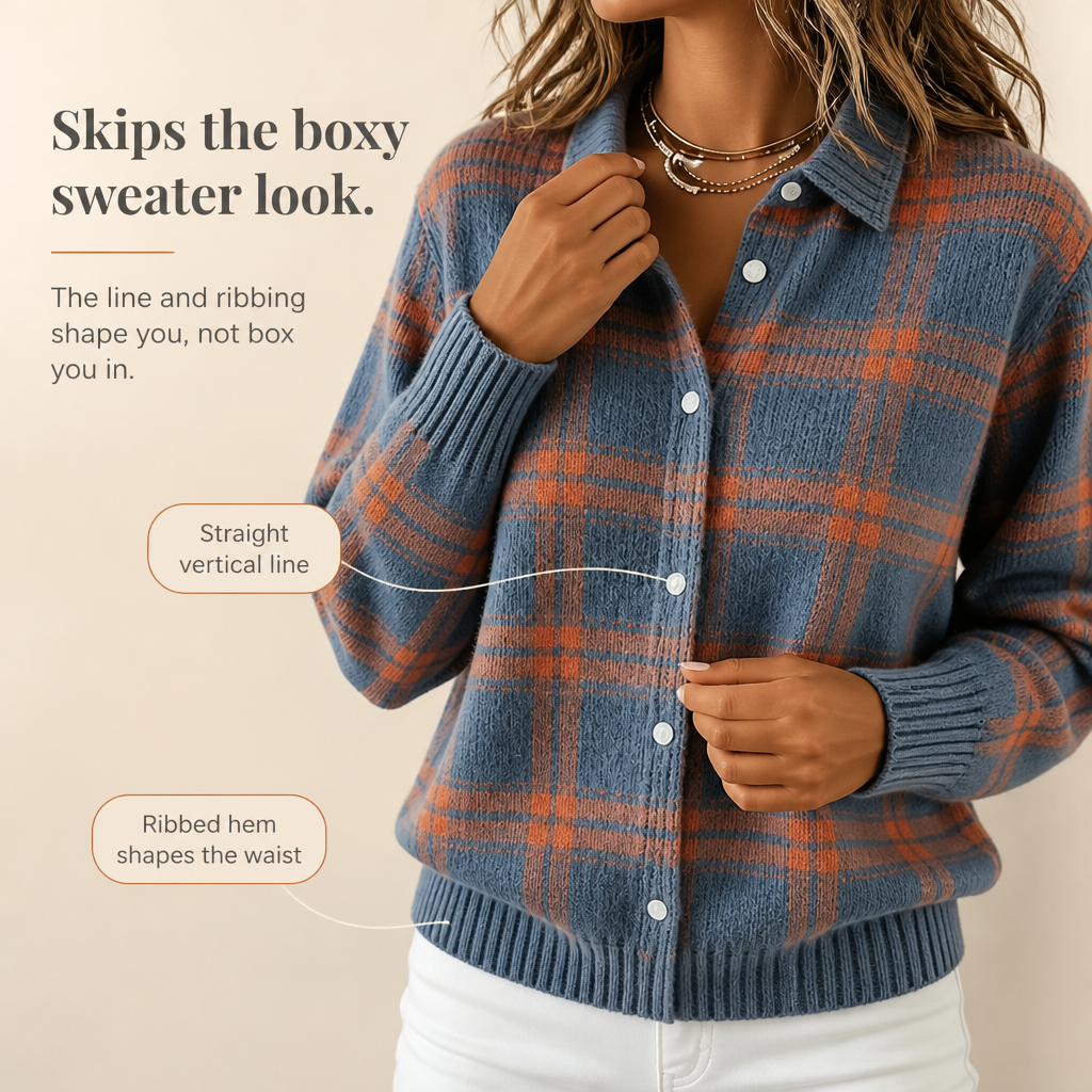 Hermione | Plaid Knit Shirt-Collar Cardigan