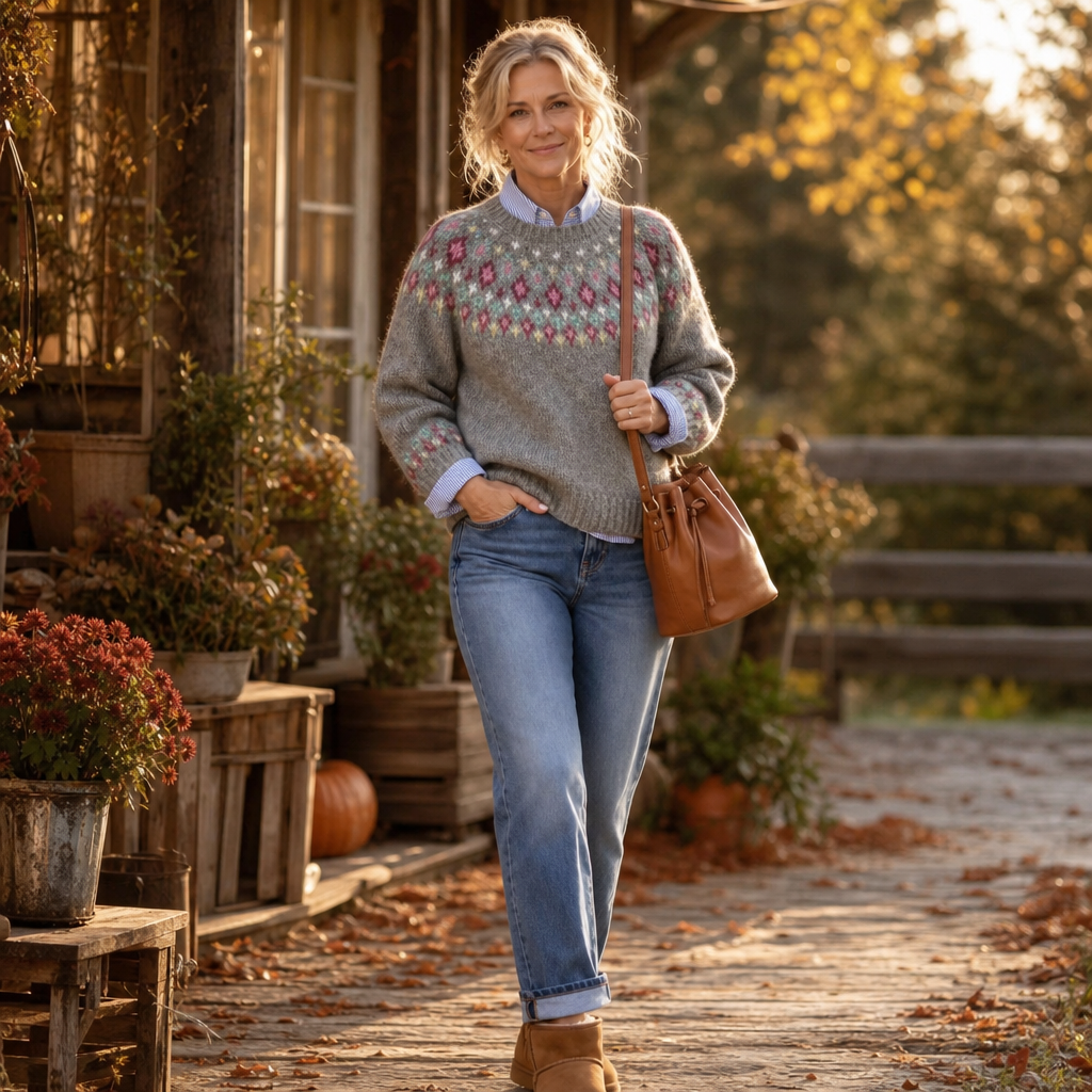 Marit | Crew-Neck Patterned Yoke Pullover Sweater