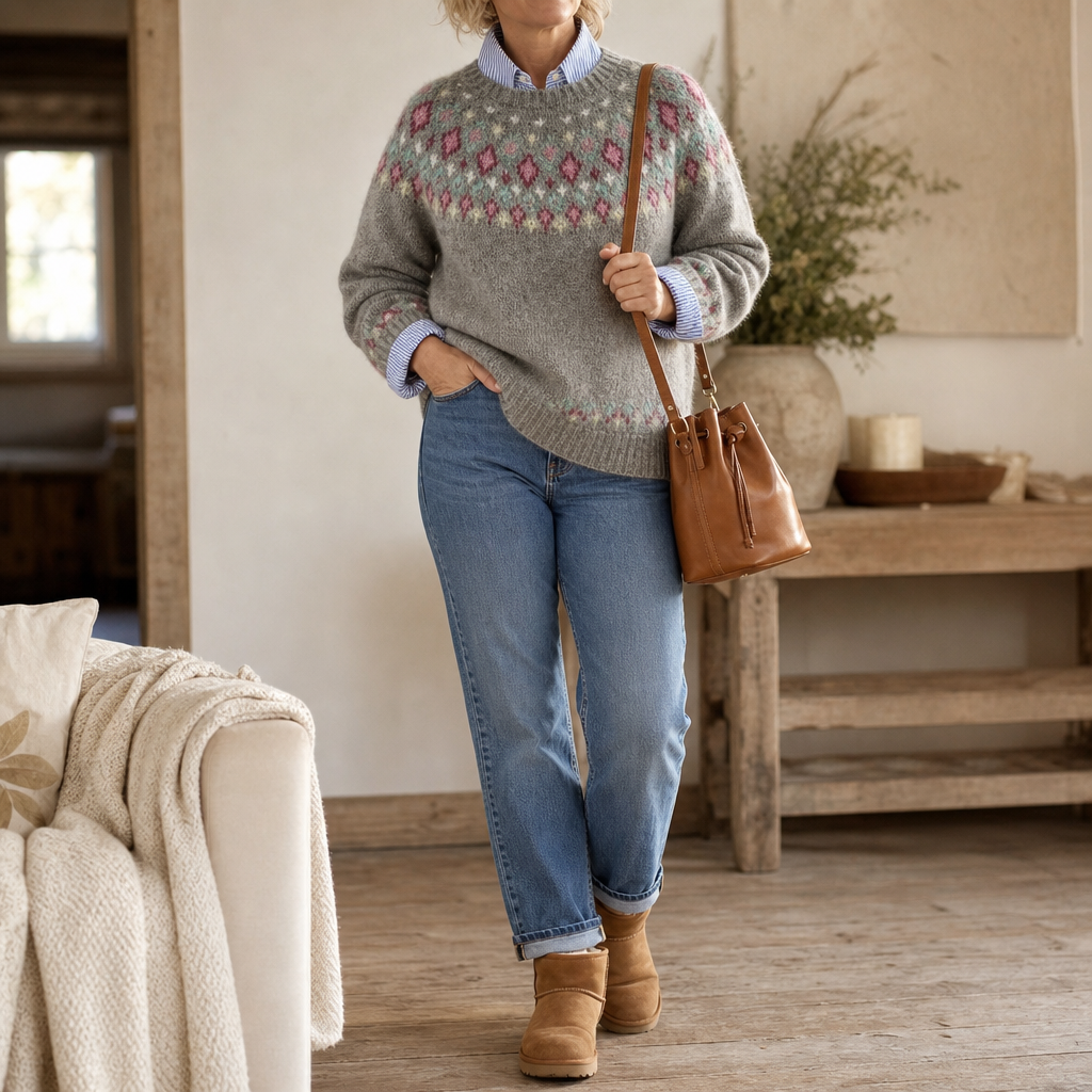 Marit | Crew-Neck Patterned Yoke Pullover Sweater