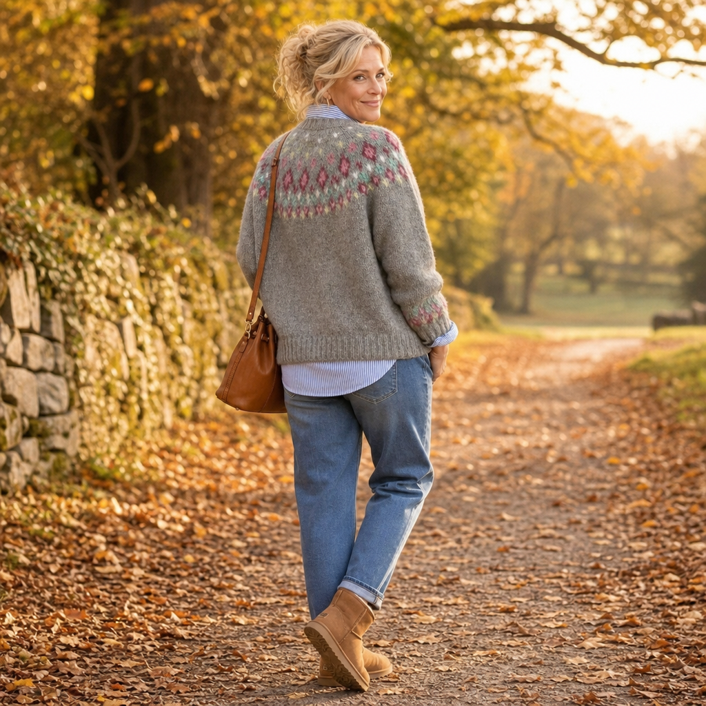 Marit | Crew-Neck Patterned Yoke Pullover Sweater