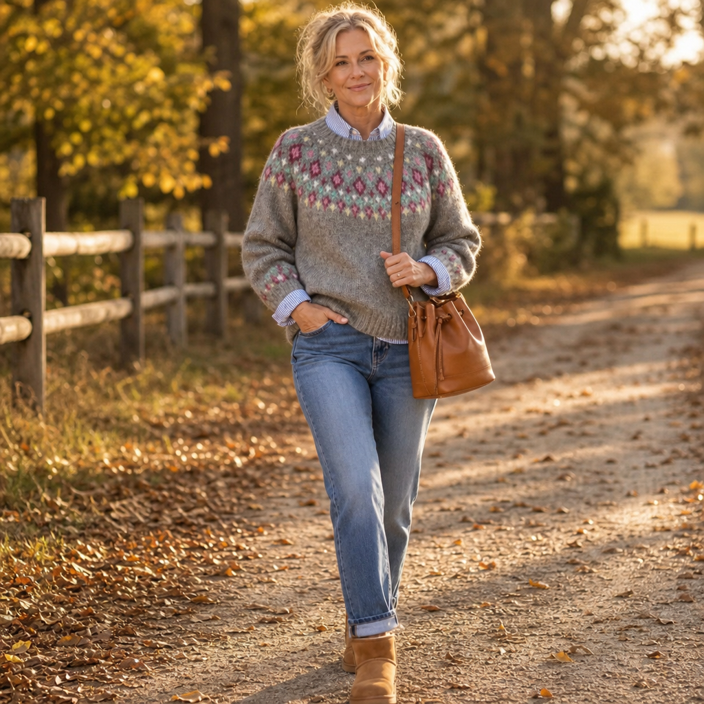 Marit | Crew-Neck Patterned Yoke Pullover Sweater