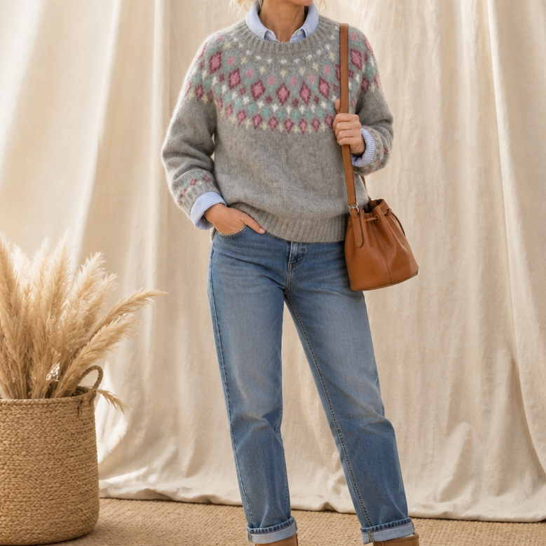 Marit | Crew-Neck Patterned Yoke Pullover Sweater