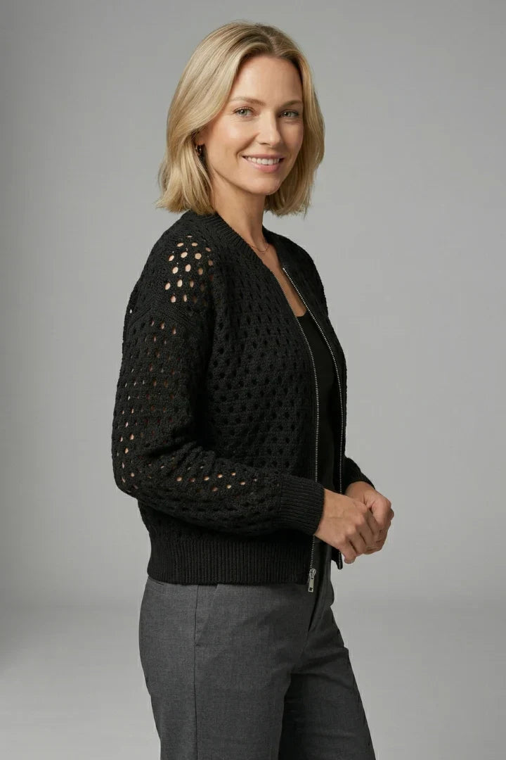 Xenia | Zip-Front Textured Knit Bomber Cardigan