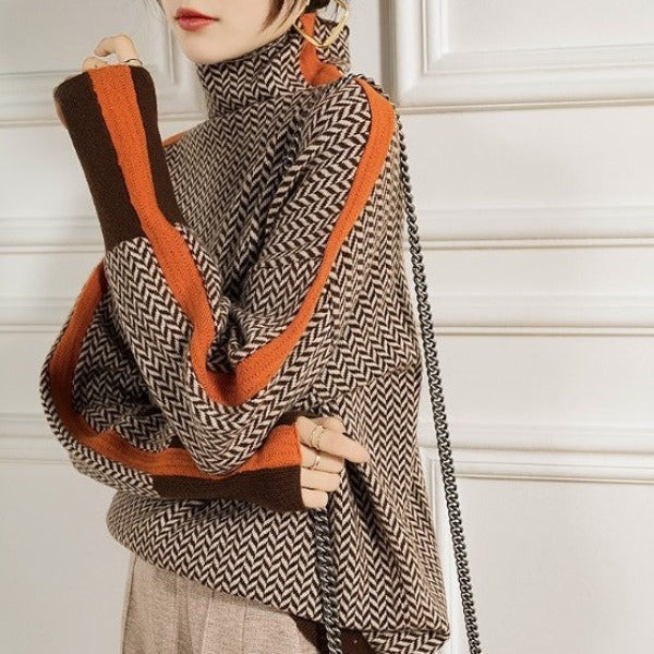 Women's Herringbone Knit Sweater with Turtleneck and Sleeve Stripes