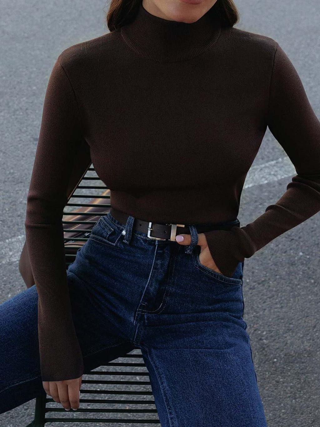 Women's rib knit sweater with mock neck and long sleeves